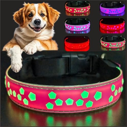 Personalized Light up Black Dog Collar with airtag Holder for Night Walk (Pink Collar 15 Modes Lighting, S(7.87-11.8"))
