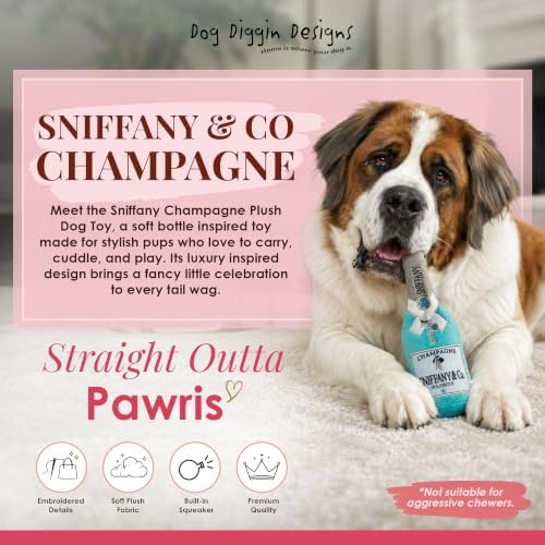 Dog Diggin Designs Sniffany & Co Champagne Plush Dog Toy | Luxury-Inspired Parody Bottle with Built-in Squeaker, Soft Plush Party Dog Toy – Shaken, Not Stirred!