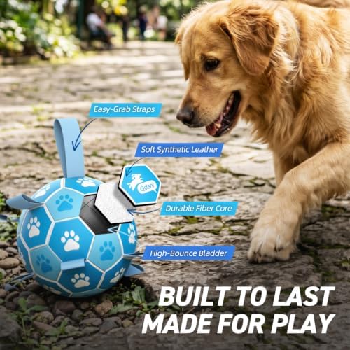 QDAN Dog Soccer Balls Toys : Premium Dog Soccer Ball with Straps, Outdoor Dog Toys, Pet Training Soccer for Medium Large (7 Inch)