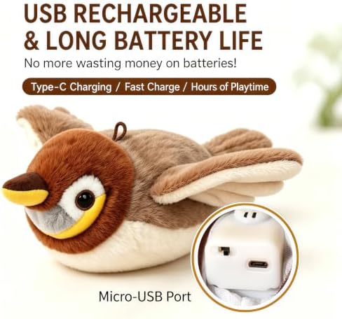 Tweet Paw Cat Toy Interactive Flapping Bird with Real Chirping Sounds, Motion Activated Realistic Sparrow for Indoor Cats, USB Rechargeable, Washable with Catnip Pouch