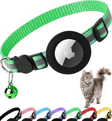Airtag Cat Collar Breakaway, Cat Collar with Air Tag Holder, Green | Safety Breakaway Buckle,Airtag Holder,Reflective Strip,Bell,Adjustable Size to Fit Different Cats kitten,Lightweight