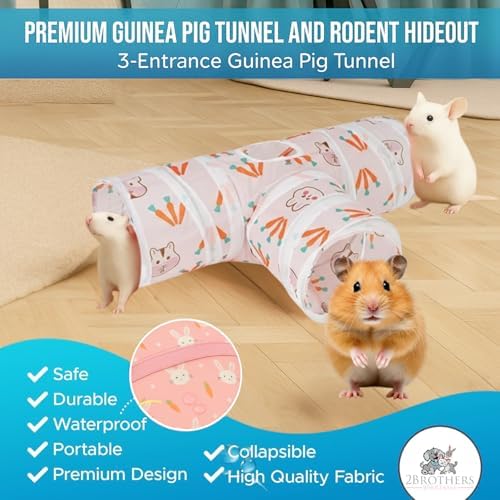 Tunnels with 3-Way Entrance - Cozy, Washable Guinea Pig Hideout - Interactive Cage Toys (Pink Hamsters)