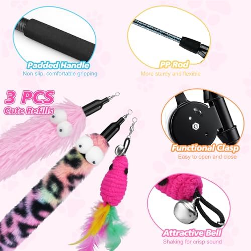 Pawaboo Cat Teaser Wand Toys, Cat Fishing Pole Toy with 3 PCS Feathers