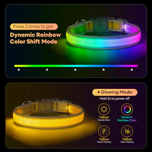 Multicolor LED Dog Collar USB-C Rechargeable, Light Up Dog Collar, Rainbow Gradient Glowing Dog Collar with 4 Light Modes, Adjustable Candy Mesh Pet Collar(Yellow, Medium)