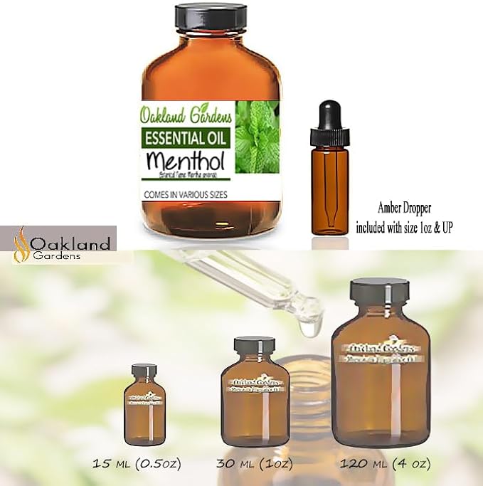 Menthol Liquid Essential Oil - Pure & Natural Oil for Diffusers, Aromatherapy & Massage Blends Vegan GMO Free, by Oakland Gardens, You Choose Size (15 ml, Menthol)