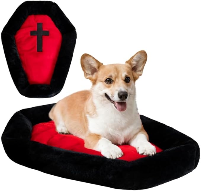 Gothic Coffin Cat Bed for Large Cats, Washable, Size: Medium | Fits cats up to 25 lbs. Size: 28" x 20". Color options: Red & Black. Soft fabric, ideal Halloween decor.