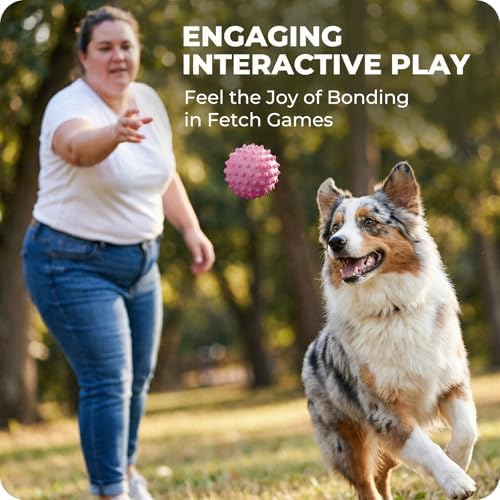 3.5" Durable Squeaky Dog Ball Toy for Puppy Medium Large Dogs(25-80 lbs): Bacon Flavored Pink Spiky Rubber Bouncing Floating Balls for Dogs, Tough Large Outdoor Dog Water Fetch Toys, Dog Gifts