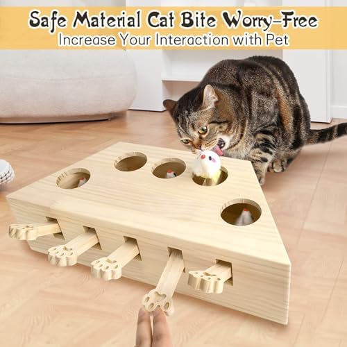 kathson Whack A Mole Cat Toy, Interactive Cat Toy Wood Kitten Puzzle Enrichment Box Catch Mice Game for Indoor Cat Exercise Relieve Boredom