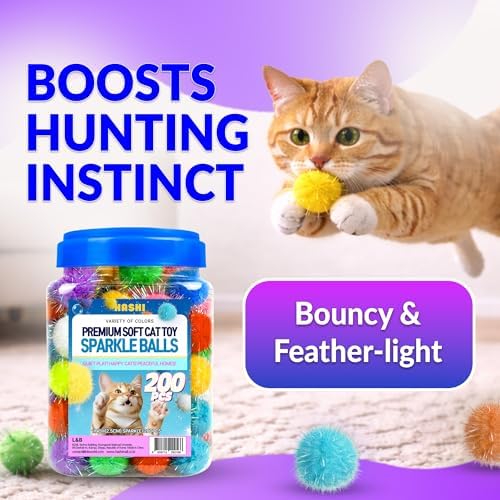 HA SHI Sparkle Cat Toy Balls 200 Pack, Tinsel Pom Poms with Storage Jar