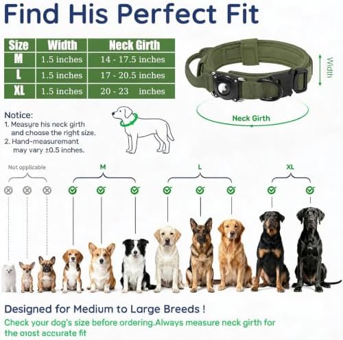 AirTag Dog Collar with QR Code, Tactical Waterproof AirTag Holder, Smart No-App ID Tag for Lost Pet Recovery, Padded Comfort for Medium and Large Dogs (Green,M)