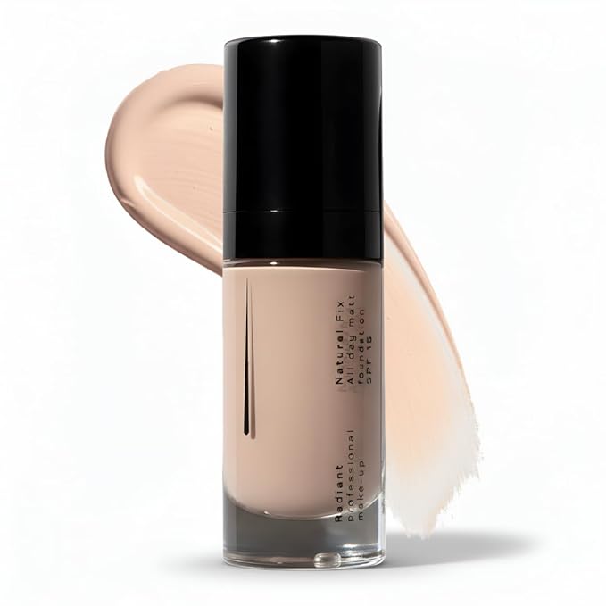 Radiant Professional Natural Fix All Day Matte Cream Foundation Makeup – Long Wear, Full Coverage Matte Foundation with SPF 15 – Oil Free Lightweight Formula for All Skin Types – 1.01oz (02 Caramel)