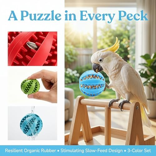 3 Pack Bird Foraging Toys, Parrot Chew & Treat Dispenser Balls, Slow Feeder Enrichment Rubber Toys for Parakeets, Cockatiels, Conures, Lovebirds, Small Birds & Small Pets