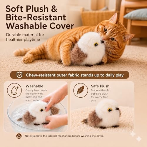 Flapping Bird Cat Toy, White Sparrow Plush Touch Activated Bird Chirp Cat Toy with Refillable Catnip, USB Rechargeable Interactive Kitten Exercise Toy,4.92"(No Flying)