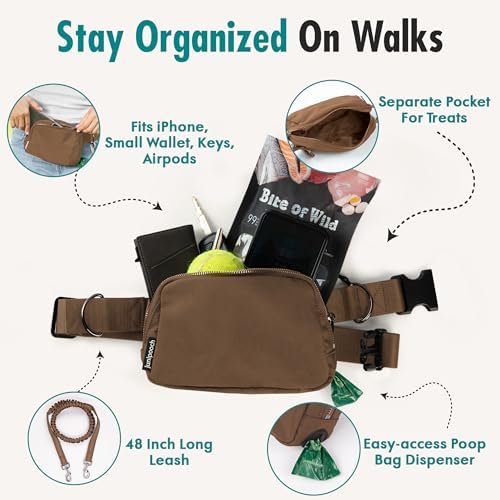Hands Free Dog Leash with Dog Treat Pouch - Stylish & Trendy Waist Leash for Dog Walking - Wear Around the Waist or Crossbody - Durable & Detachable - Shock Absorbing - Waste Bag Dispenser