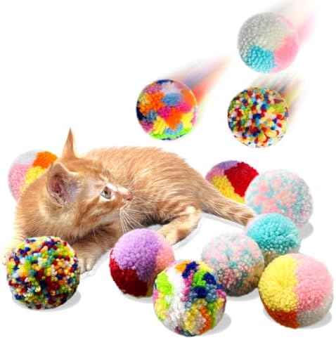 Assorted Color Cat Ball Toys, Woolen Yarn Puffs Pom Balls Interactive Kitten Chasing Toys Cat Chase Balls (12Pcs)