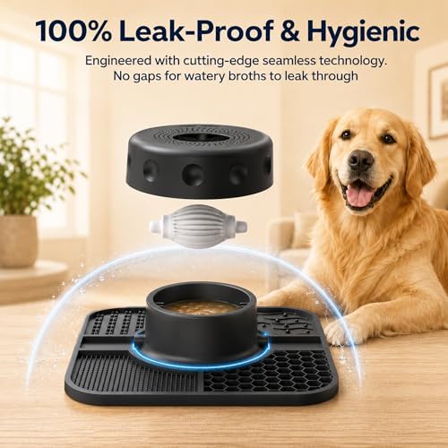 Dog Lick Bowl with Interactive Rolling Ball and Lick Mat, Leak-Proof One-Piece Slow Feeder for Liquid Thick Treats, Anti-Choking Oval Ball Calming Dog Enrichment Toy, Anxiety Relief
