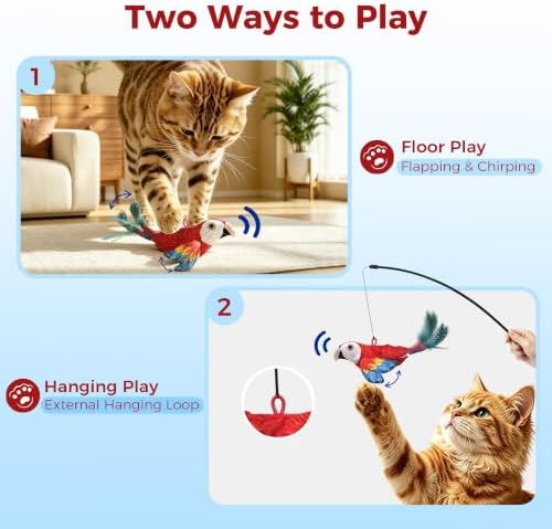Interactive Bird Cat Toy for Indoor Cats, Flapping Wings and Moving Tail, Auto Chirping Cat Toy, Touch Activated Rechargeable Self Play Cat Kicker Toy, with 5 Bird Covers and Catnip Pouches