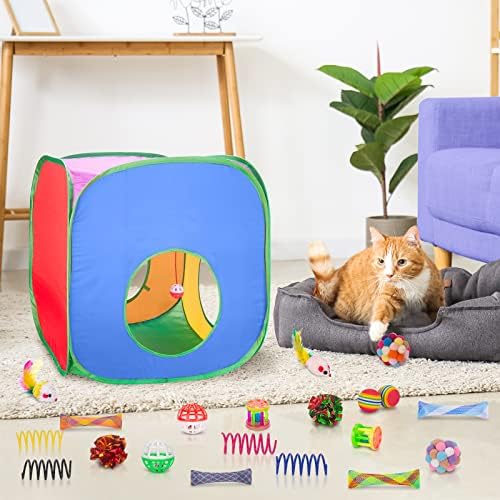 Retro Shaw 33 Pack Cat Toys for Indoor Cats, with Cat Game Tunnel | Interactive Kitten Toys Set Feather Wand Crinkle Balls Bell Springs Mice, for Bored Cats Chase Self-Play
