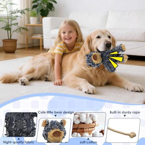 MAXBECK Dog Companion for Heavy Chewers- Indestructible Robust Bear Dog Toy, Resistant Squeaky Dog Toys for Heavy Chewers, Unbreakable Stuffed Plush Dog Toys for Aggressive Chewers (A-Navy)
