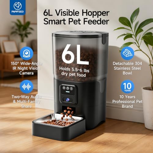 PAPIFEED Automatic Cat Feeder with Camera, 1080P HD & Night Vision, 5G WiFi Timed Cat Feeder with App, 6L Cat Food Dispenser for Dry Food, 2-Way Audio Smart Pet Feeder for Dog, 1-10 Meals/Day