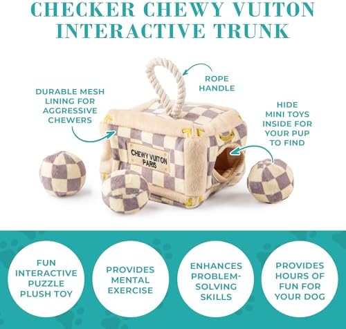 Haute Diggity Dog Chewy Vuiton Trunk Puzzle with 3 Plush Squeaky Dog Toys