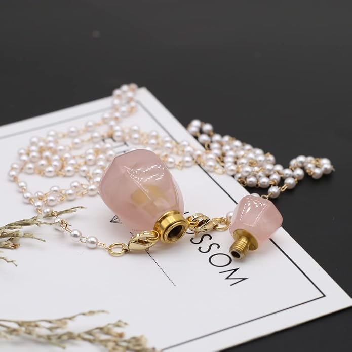 1pcs Natural Rose Quartz Stone Perfume Bottle Pendant Pearl Bead Chain Rectangle Heart Necklace for Women Jewelry Free Accessory Glasses