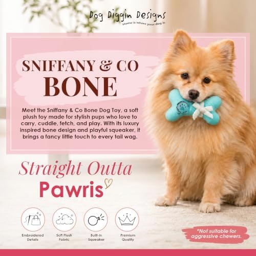 Dog Diggin Designs Sniffany & Co Petite Plush Dog Toy Bone | Luxury-Inspired Parody Designer Bone with Built-in Squeaker, Soft Plush Chew & Play Dog Toy – Prêt-à-Porter Play!