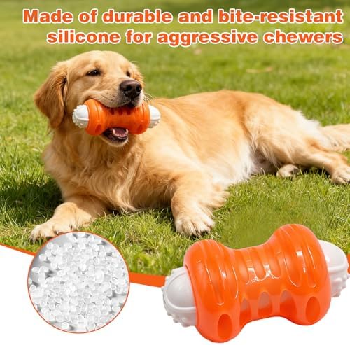 Dog Chew Toy – Durable Silicone Squeaky Toy for Dogs, Interactive Puppy Teething Toy, Dental Cleaning Chew & Fetch Toy for Small Medium Large Dogs (Medium, Dumbbell)