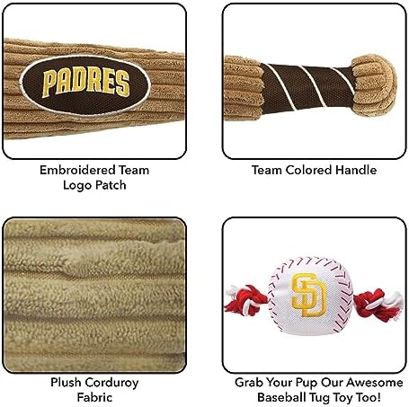 MLB San Diego Padres Baseball Bat Toy for DOGS & CATS. Soft Corduroy Plush Dog Toy with Inner SQUEAKER, MLB Chew Toys for Dogs or Cats. Durable Fun Interactive Dog Toy with Team Names and Logo