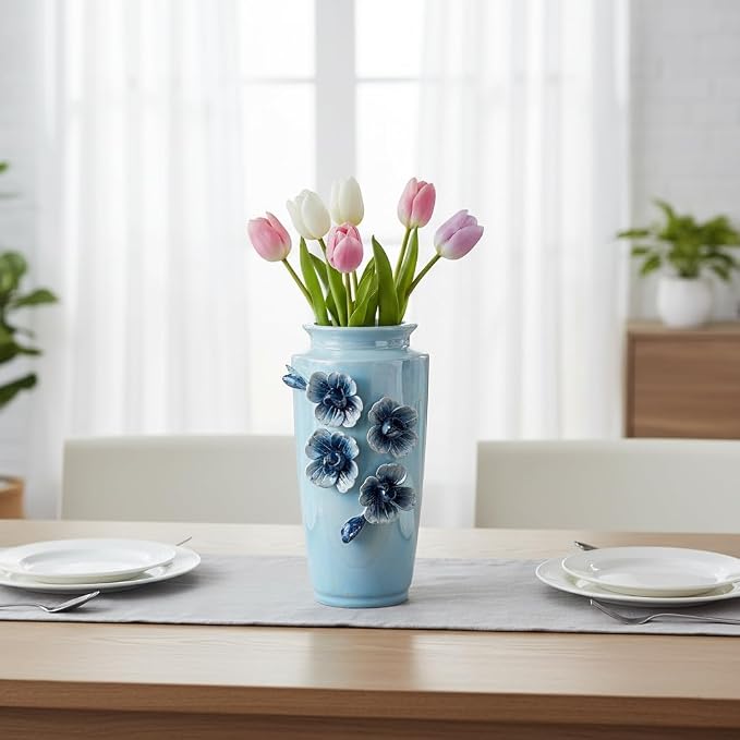 Blue Ceramic Vase 9 Inch - Modern Decorative Flower Vase for Centerpiece, Kitchen Table Living Room Home Decor
