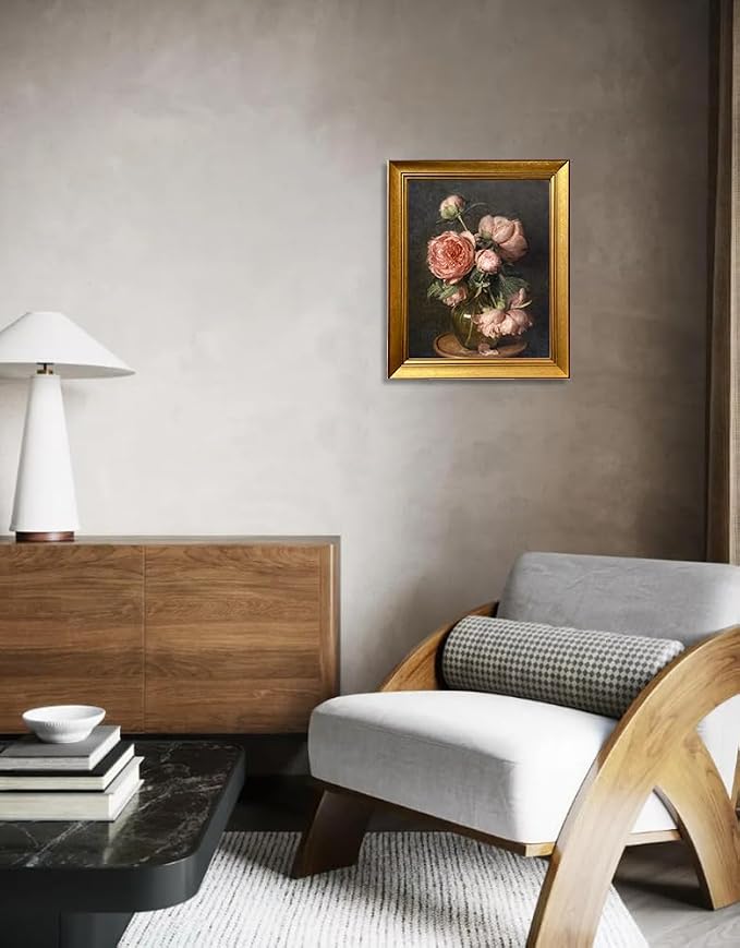 Pink Peonies Flower Oil Painting on Canvas Vintage Framed Dark Floral Wall Art Farmhouse Picture Wall Decor Moody Canvas Print for Living Room Bedroom Bathroom Decor