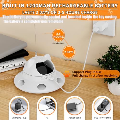 3-in-1 Auto Laser Cat Toy, USB Recharge Motion Activated Kitten Feather Chase Toy - Pure White