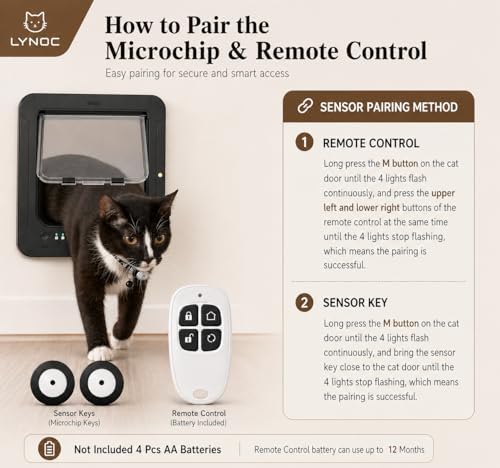 Electronic Cat Door with Selective Access, 4-Way Locking Pet Flap with Collar Key Recognition, Prevents Unwanted Pets from Entering, Includes 2 Collar Keys & Remote Control (Black)