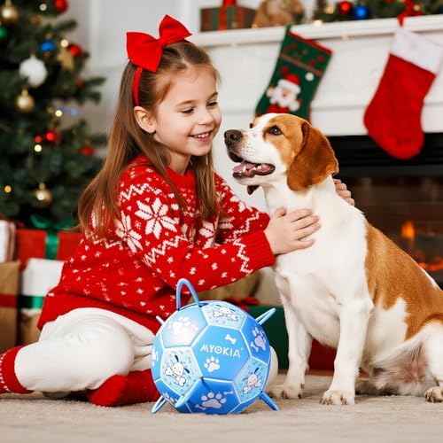 Size 3 Blue Dog Soccer Ball with Straps Eye-Catching Bone and Paw Print Design, Ultra-Durable Training Ball for Pets Interactive Outdoor Dog Toy, Perfect for Medium & Large Puppies
