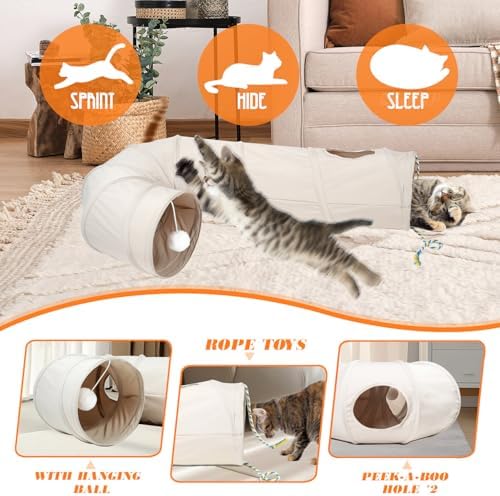 Cat Tunnel, 2-Way Collapsible Cat Tube with Interactive Peek-A-Boo Hole, Toy Ball, and Rope Ideal for Indoor Cats, Kittens, and Rabbits, Beige