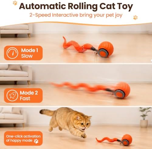 Automatic Interactive Cat Toy Ball, 2-Speed Rolling Toy with 3 Detachable Tails, Boredom Relief & Exercise Toy for Indoor House Cats & Kittens (Orange)