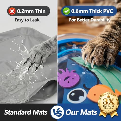 Cat Water Mat with Fish- Thickened Cat Sensory Water Play Mat Toy, Interactive Ocean Breeze Splashland with Floating Fish and 2 Balls for Cats & Kittens, Indoor Pet Water Bed Play Mat