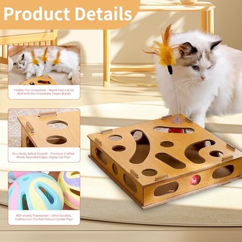 Interactive Wooden Cat Toy Box with Balls & Teaser Wand