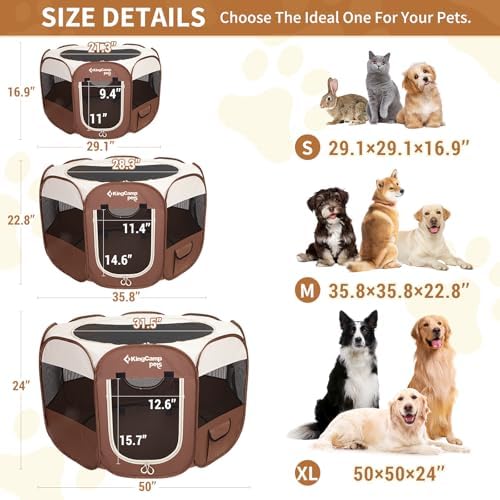 KingCamp Dog Playpen, Portable Foldable Cat Kitten Puppy Tent Crates 29"/36"/50" Pop Up Pet Playpen with Zippered Bottom & Cover for Indoor Outdoor Use (Medium, Khaki)