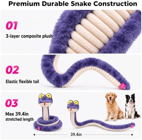 Squeaky Dog Plush Chew Toy, Interactive Tug Squeaky Toy for Chewers, Medium & Large Dogs & Fetch Play, 39.4 in Stuffed Silly Snake Toy with Elastic Stretchable Body for Gentle Gum Care&Boredom Relief
