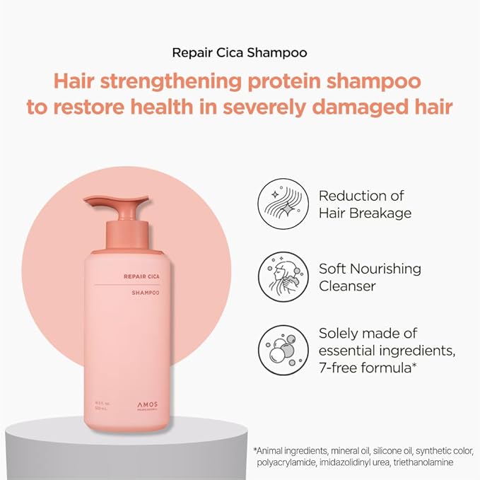 AMOS PROFESSIONAL Repair Cica Shampoo l Repairs, Strengthens, & Nourishes for Split Ends & Breakage, Reverse Hair Damage from Bleach, Color, Chemical Services, 16.9 fl. oz.