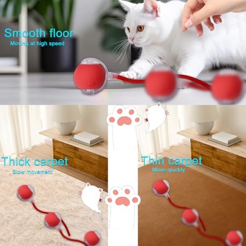 Interactive Cat Dog Toy Ball: Indoor Automatic Moving Smart Rolling Fun Pet Game with Led Light and Tail for Motion Activated, Kitten Puppy Present, Chase Exercise, Hunting Simulation-Upgrade (Red)