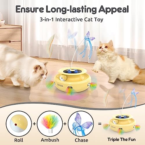 ORSDA Cat Toy, 3-in-1 Automatic Interactive Electronic Moving Ambush Feather, Fluttering Butterfly, Track Balls, USB Rechargeable Powered Smart Indoor Exercise Kicker