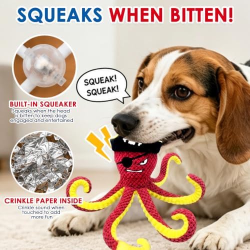 MAXBECK Interactive Octopus Dog Toy, Plush Dog Toy with Crinkle Paper & Squeaker, Tug of War Dog Toy for Small Medium Large Dogs, Soft Dog Chew Toy for Indoor Play, Puppy Training (I-Octopus-Red)