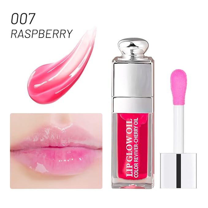 GECOMO Hydrating Lip Glow Oil, Lip Oil Gloss Transparent Toot Tinted Nourishing Long Lasting Repairing Lightening Lip Lines (RASPBERRY) 0.2 OZ
