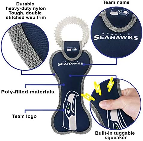 Pets First NFL Seattle Seahawks Dental Dog TUG Toy with Squeaker. Tough PET Toy for Healthy Fun, Teething & Cleaning Pet's Teeth & Gum., Team Color, one Size (SEA-3310)