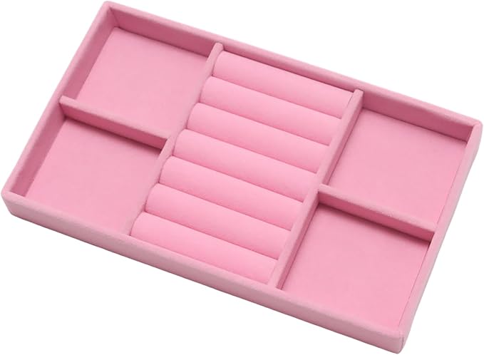Velvet Jewelry Trays for Drawers, Pink 2-in-1 | Stackable Jewelry Drawer Organizer, Ring Earring Necklace Bracelet Holder Organizer Display Tray with Removable Dividers