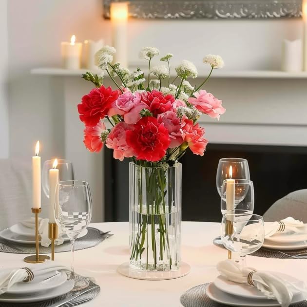 ComSaf Glass Cylinder Vase 8 Inch Tall, Clear Ribbed Decor for Centerpieces | Decorative Flower Vase, Hurricane Floating Candle Holder, Wedding Decor, Reception Table, Home Accent, Housewarming Gift