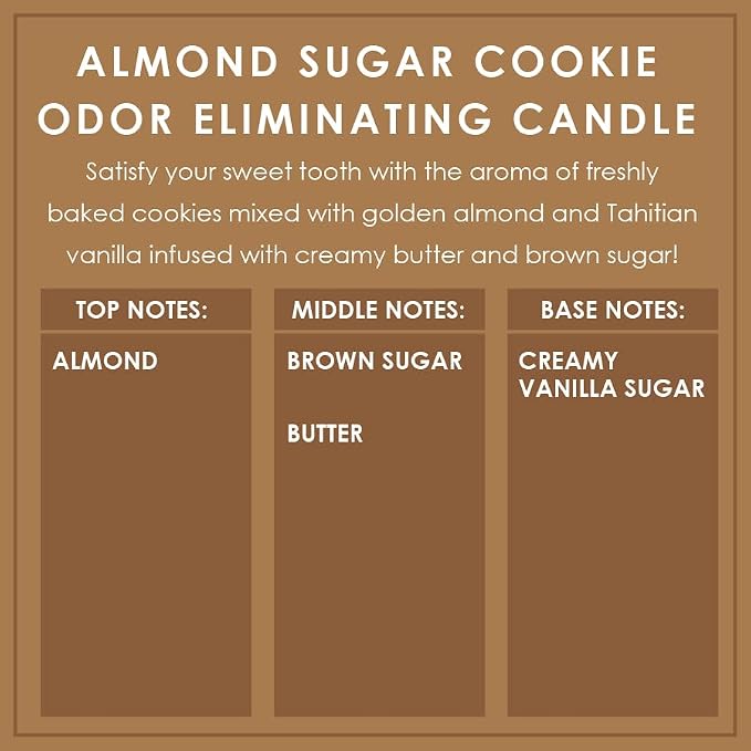 Almond Sugar Cookie Odor Eliminating Highly Fragranced Candle - Eliminates 95% of Pet, Smoke, Food, and Other Smells Quickly - Up to 80 Hour Burn time - 12 Ounce Premium Soy Blend