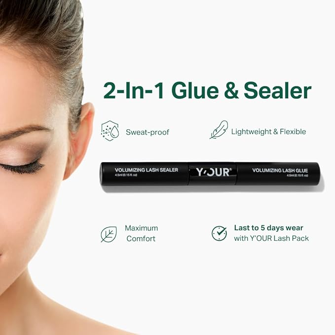 Y’OUR Voluminizing Lash Glue & Sealer: Waterproof, Long-Lasting Adhesive for Falsies & Clusters; Natural Look, No Irritation, Latex-Free, DIY Eyelash Extension at Home